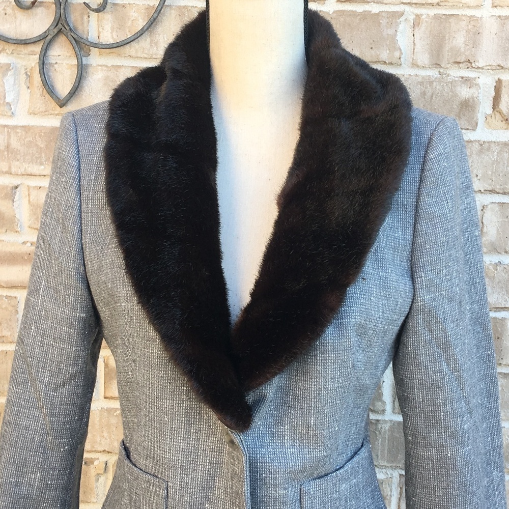 VINTAGE Benetton Green Label Tweed Blazer Faux Fur Collar EUC